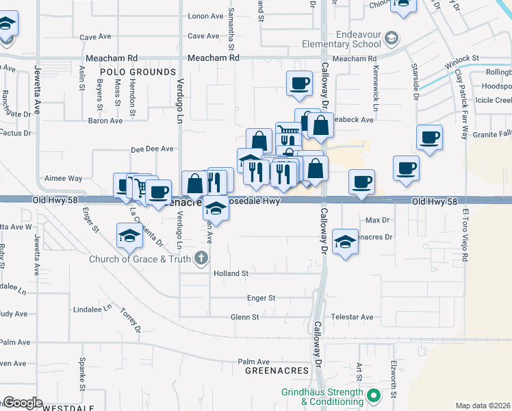map of restaurants, bars, coffee shops, grocery stores, and more near 10101 Rosedale Highway in Bakersfield
