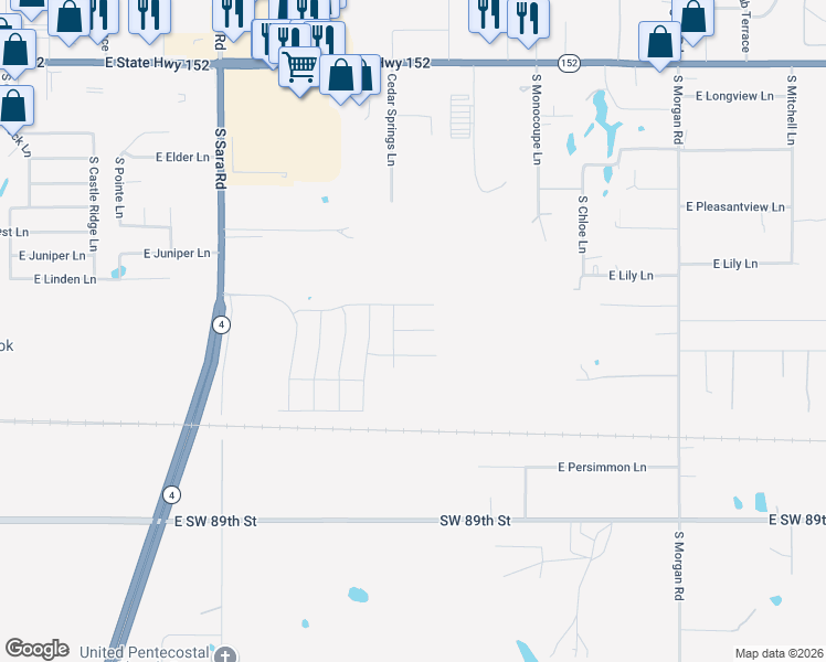 map of restaurants, bars, coffee shops, grocery stores, and more near 531 South Monocoupe Lane in Mustang