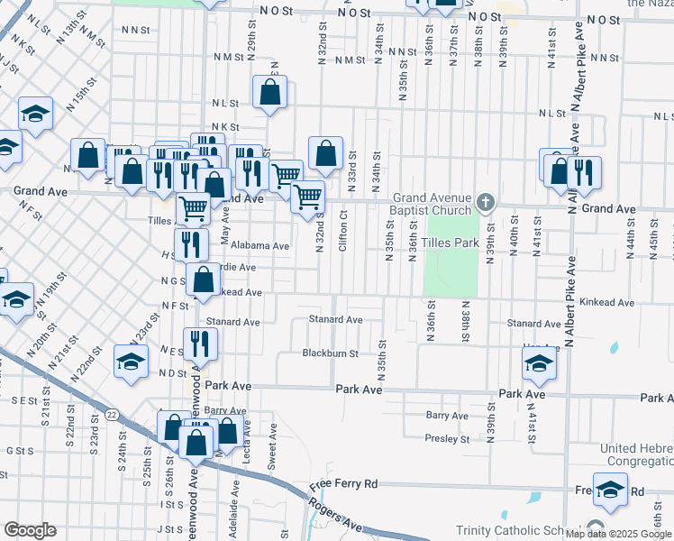 map of restaurants, bars, coffee shops, grocery stores, and more near 631 Clifton Court in Fort Smith