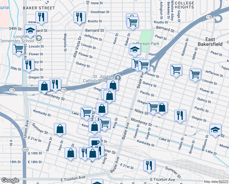 map of restaurants, bars, coffee shops, grocery stores, and more near 1415 Baker Street in Bakersfield