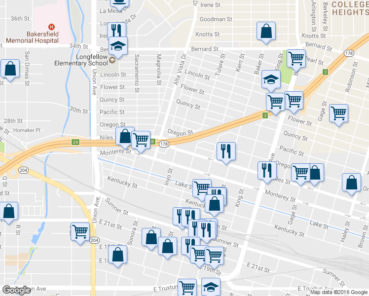 map of restaurants, bars, coffee shops, grocery stores, and more near 410 Niles Street in Bakersfield