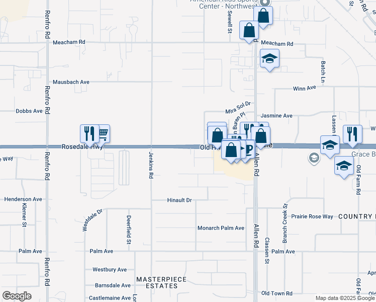 map of restaurants, bars, coffee shops, grocery stores, and more near 13457 Rosedale Highway in Bakersfield