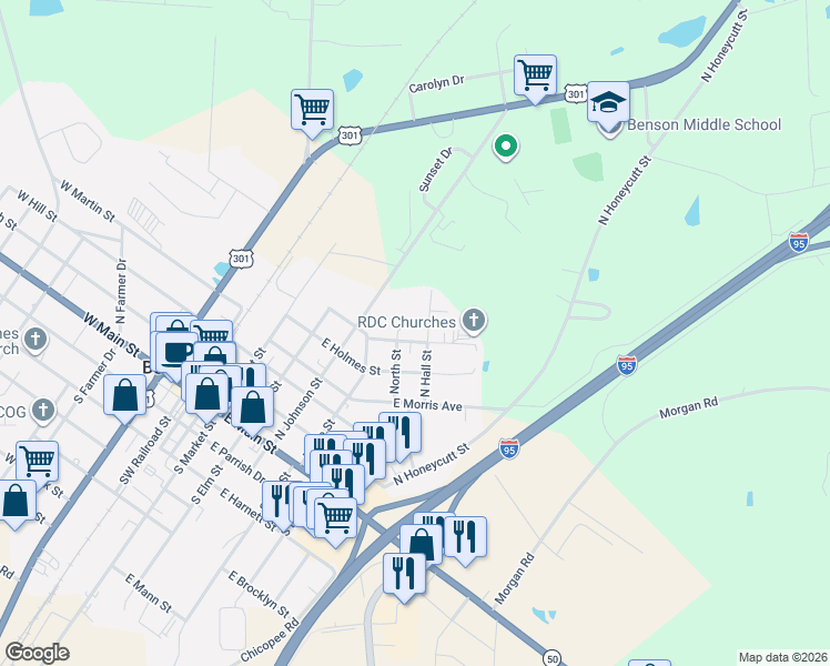 map of restaurants, bars, coffee shops, grocery stores, and more near 300 North Hall Street in Benson