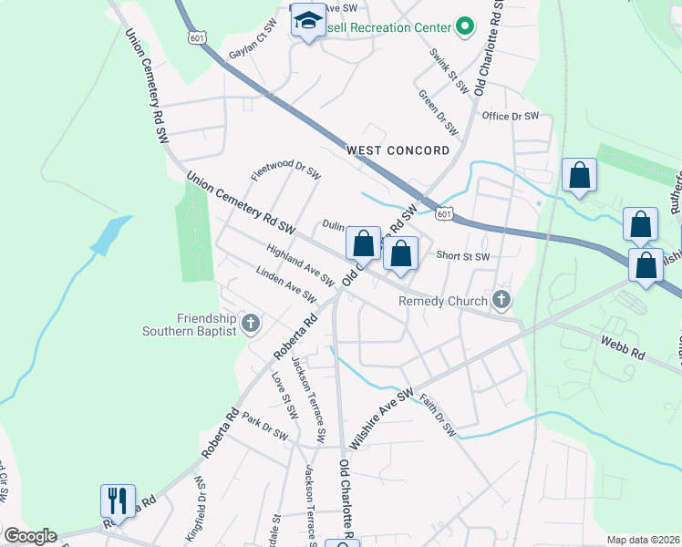 map of restaurants, bars, coffee shops, grocery stores, and more near 874 Old Charlotte Road Southwest in Concord