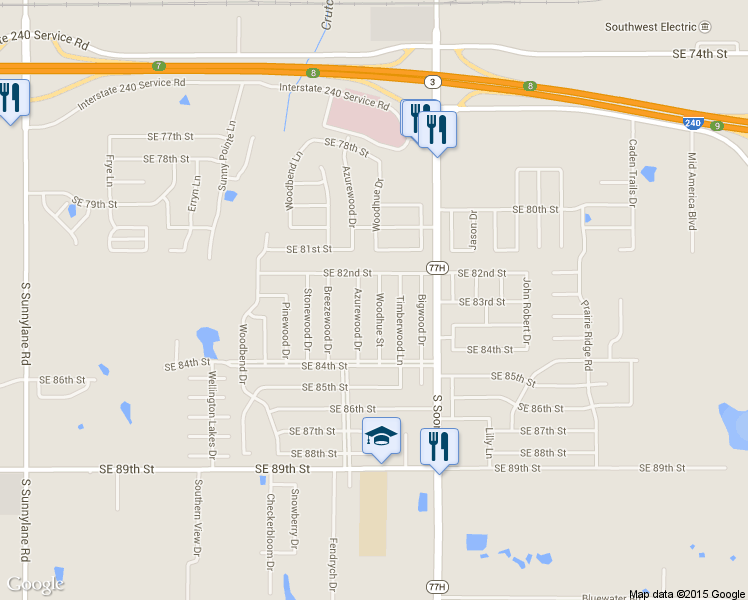 map of restaurants, bars, coffee shops, grocery stores, and more near 8313 Woodhue Drive in Oklahoma City