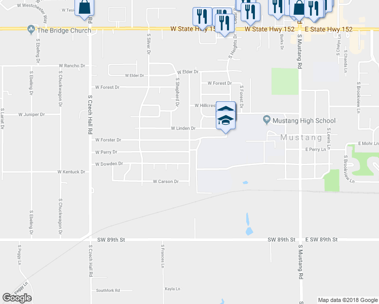 map of restaurants, bars, coffee shops, grocery stores, and more near 1012 South Highland Drive in Mustang