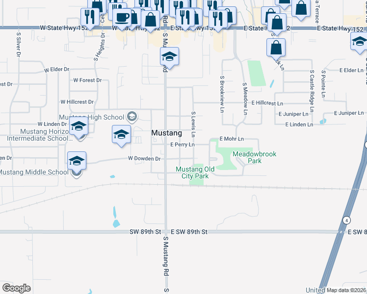 map of restaurants, bars, coffee shops, grocery stores, and more near 130 East Perry Lane in Mustang
