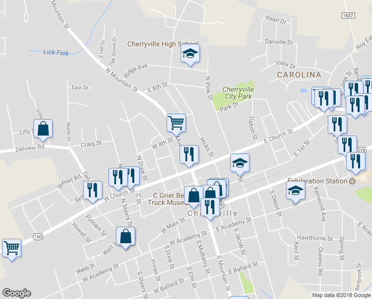 map of restaurants, bars, coffee shops, grocery stores, and more near 410 North Mountain Street in Cherryville