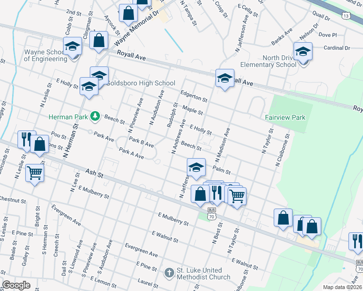 map of restaurants, bars, coffee shops, grocery stores, and more near 1408 Beech Street in Goldsboro