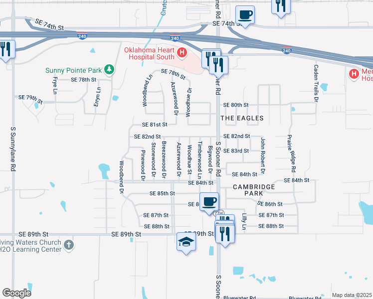 map of restaurants, bars, coffee shops, grocery stores, and more near 8313 Woodhue Drive in Oklahoma City