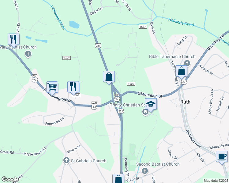 map of restaurants, bars, coffee shops, grocery stores, and more near 423 North Main Street in Rutherfordton