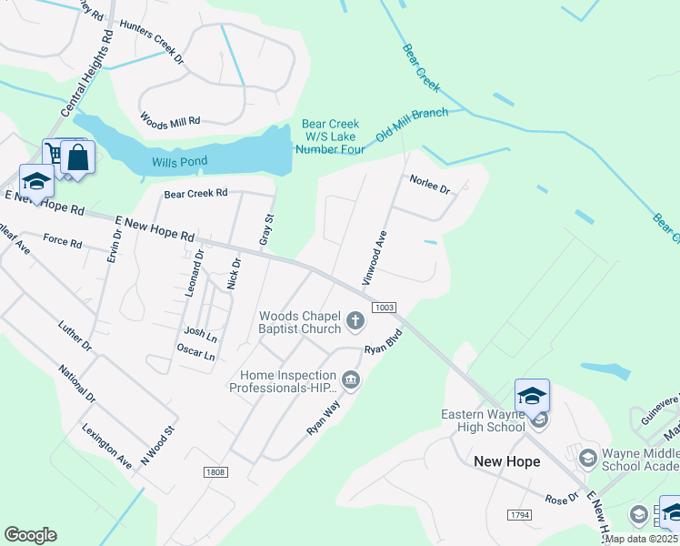 map of restaurants, bars, coffee shops, grocery stores, and more near 100 Woodrose Avenue in Goldsboro