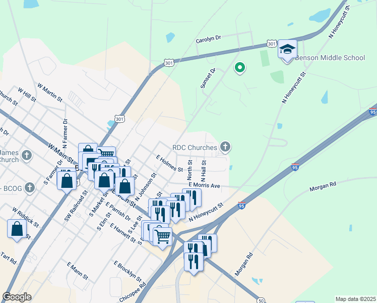 map of restaurants, bars, coffee shops, grocery stores, and more near 415 East Branch Street in Benson