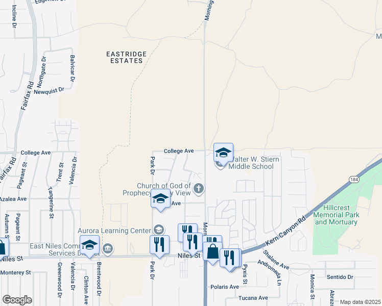 map of restaurants, bars, coffee shops, grocery stores, and more near 3225 Fortier Street in Bakersfield