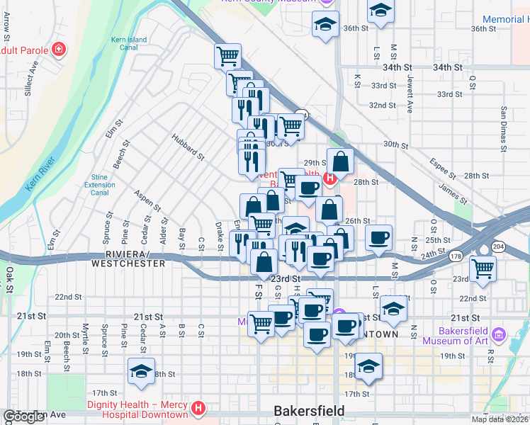 map of restaurants, bars, coffee shops, grocery stores, and more near 2624 F Street in Bakersfield