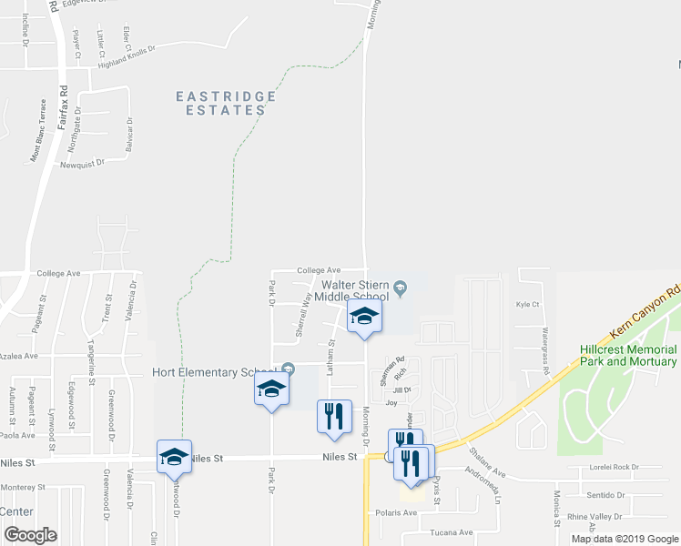 map of restaurants, bars, coffee shops, grocery stores, and more near 3225 Fortier Street in Bakersfield