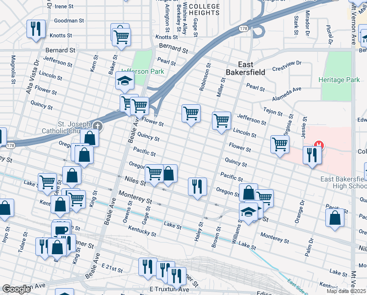 map of restaurants, bars, coffee shops, grocery stores, and more near 1115 Quincy Street in Bakersfield