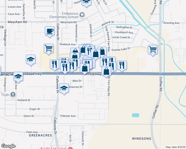 map of restaurants, bars, coffee shops, grocery stores, and more near 9131 Rosedale Highway in Bakersfield