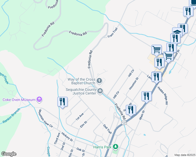 map of restaurants, bars, coffee shops, grocery stores, and more near 105 Faith Lane in Dunlap