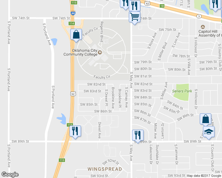 map of restaurants, bars, coffee shops, grocery stores, and more near 8304 South Drexel Place in Oklahoma City