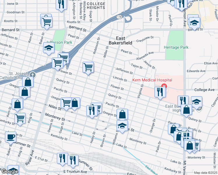 map of restaurants, bars, coffee shops, grocery stores, and more near 1401 Flower Street in Bakersfield