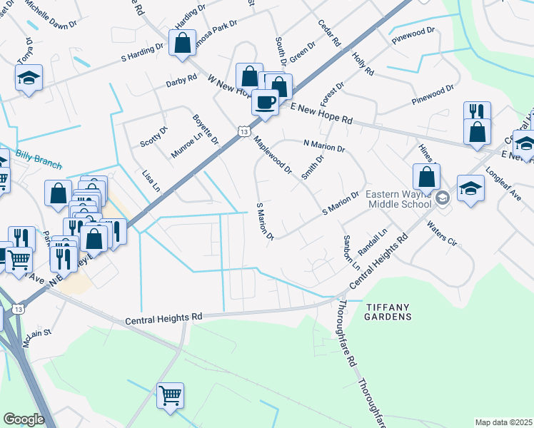 map of restaurants, bars, coffee shops, grocery stores, and more near 103 Challis Place in Goldsboro