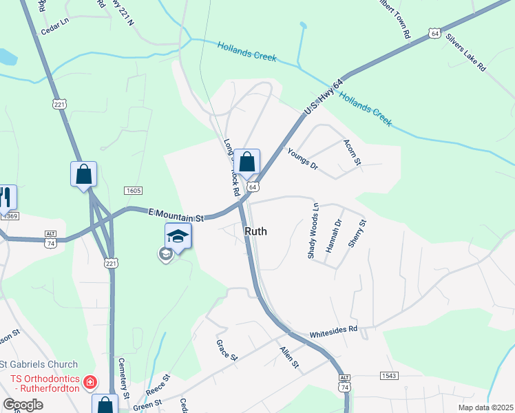 map of restaurants, bars, coffee shops, grocery stores, and more near 110 Shady Woods Lane in Rutherfordton