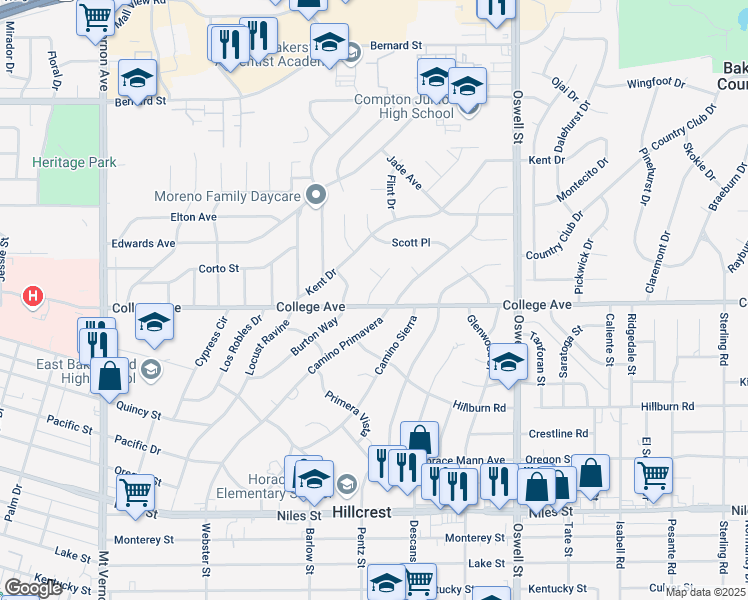 map of restaurants, bars, coffee shops, grocery stores, and more near 2708 College Avenue in Bakersfield