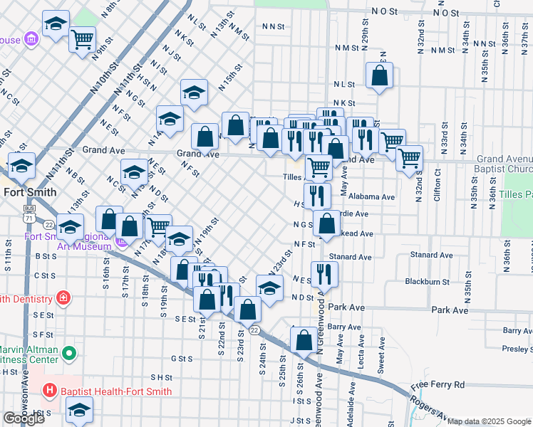 map of restaurants, bars, coffee shops, grocery stores, and more near 619 North 21st Street in Fort Smith