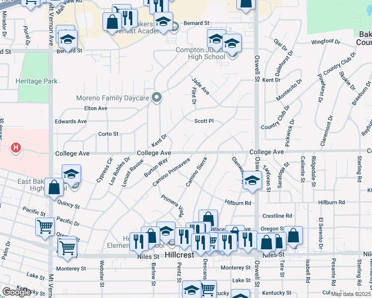 map of restaurants, bars, coffee shops, grocery stores, and more near 2708 College Avenue in Bakersfield
