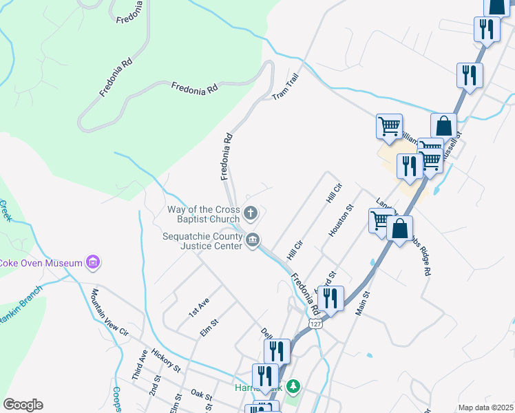 map of restaurants, bars, coffee shops, grocery stores, and more near 105 Faith Lane in Dunlap