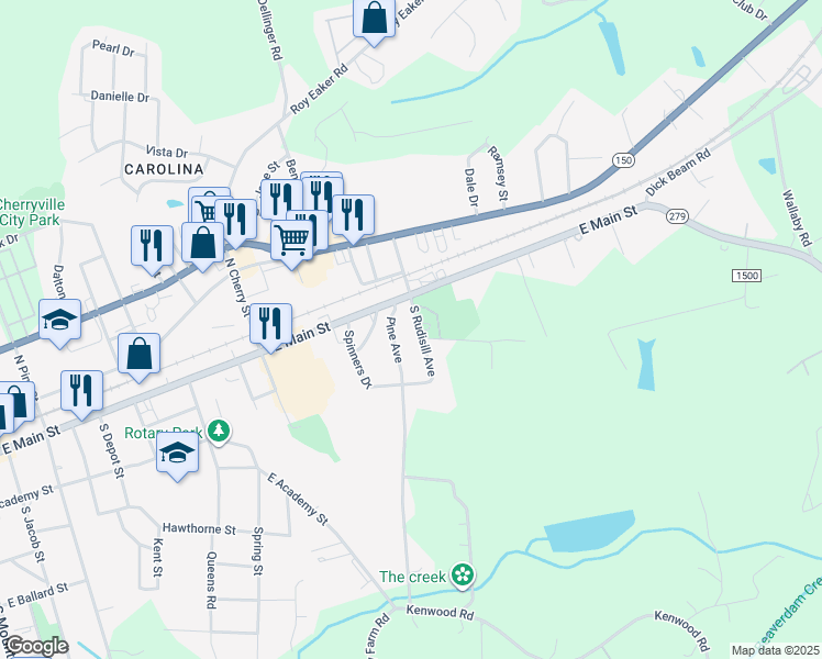 map of restaurants, bars, coffee shops, grocery stores, and more near 106 South Rudisill Avenue in Cherryville