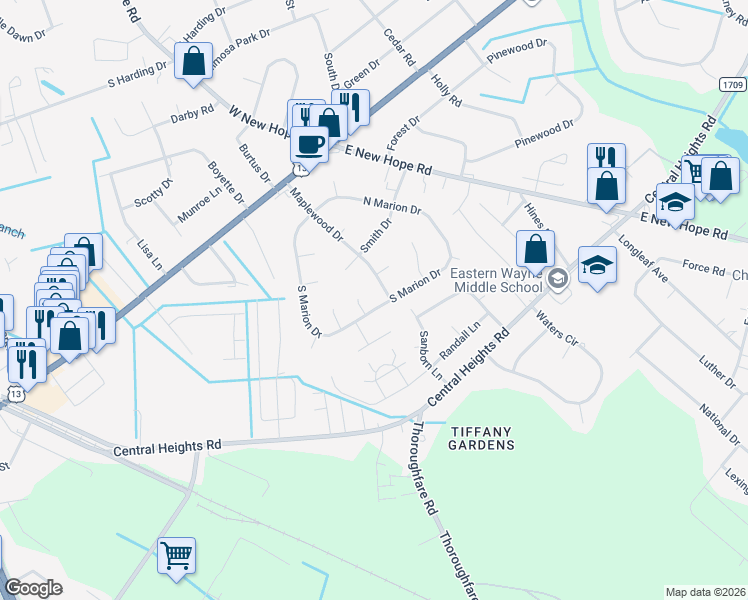 map of restaurants, bars, coffee shops, grocery stores, and more near 310 Maplewood Drive in Goldsboro