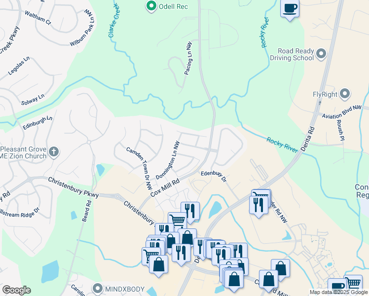 map of restaurants, bars, coffee shops, grocery stores, and more near 9557 Heritage Farm Avenue Northwest in Concord
