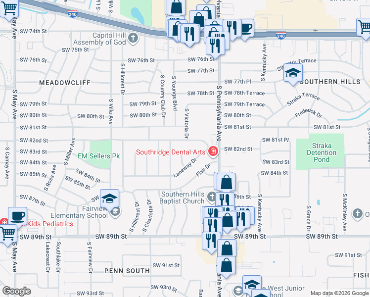 map of restaurants, bars, coffee shops, grocery stores, and more near 2225 Laneway Circle in Oklahoma City