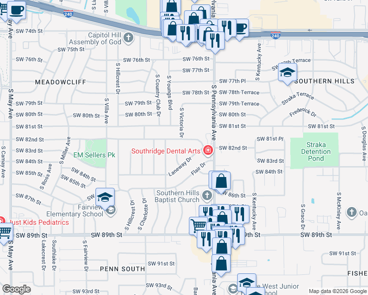 map of restaurants, bars, coffee shops, grocery stores, and more near 2225 Laneway Circle in Oklahoma City
