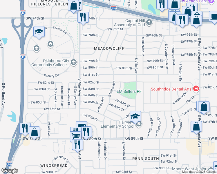 map of restaurants, bars, coffee shops, grocery stores, and more near 2709 Southwest 83rd Street in Oklahoma City