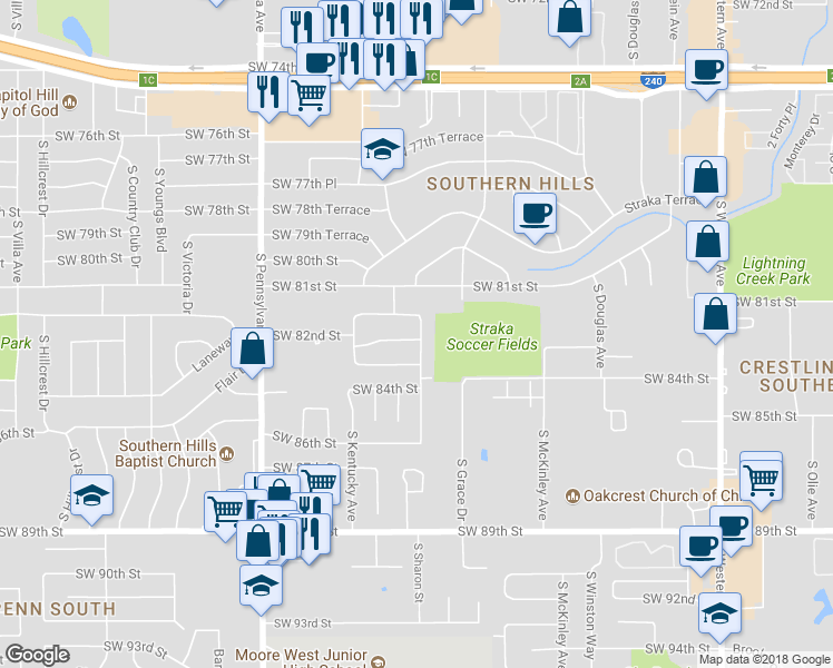 map of restaurants, bars, coffee shops, grocery stores, and more near 8205 Indiana Avenue in Oklahoma City