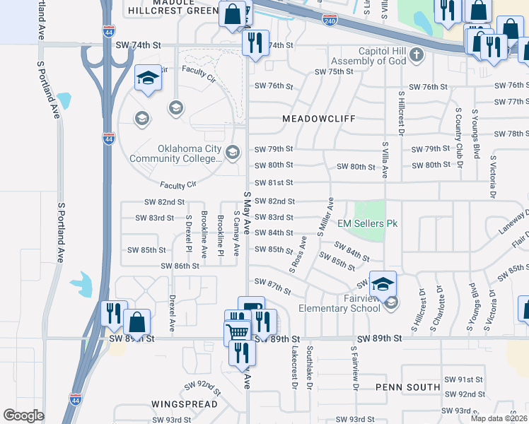 map of restaurants, bars, coffee shops, grocery stores, and more near 2829 SW 83rd St in Oklahoma City