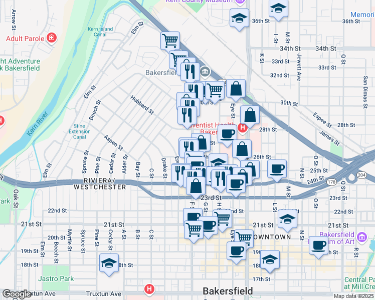 map of restaurants, bars, coffee shops, grocery stores, and more near 2624 F Street in Bakersfield