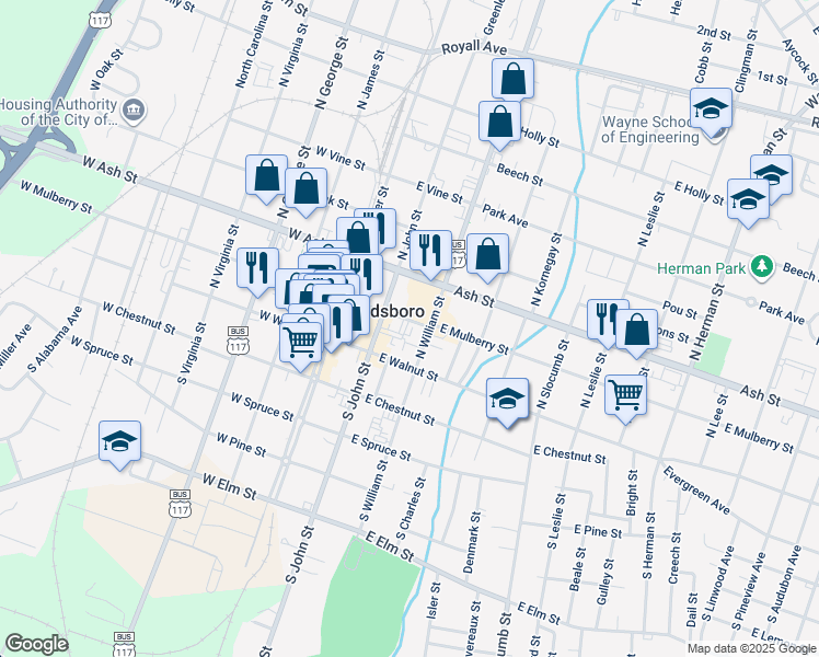 map of restaurants, bars, coffee shops, grocery stores, and more near 212 East Mulberry Street in Goldsboro