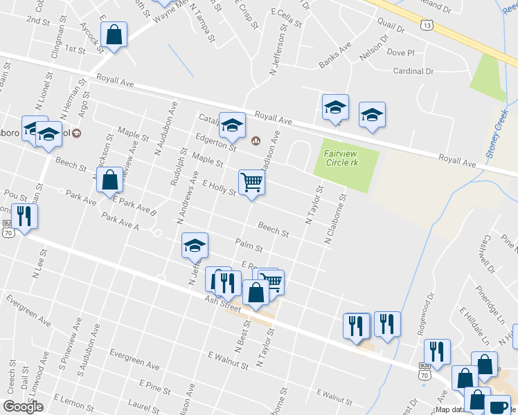 map of restaurants, bars, coffee shops, grocery stores, and more near 622 North Madison Avenue in Goldsboro