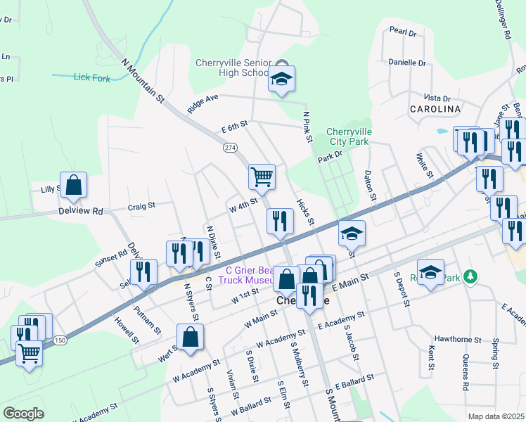 map of restaurants, bars, coffee shops, grocery stores, and more near 416 North Mulberry Street in Cherryville