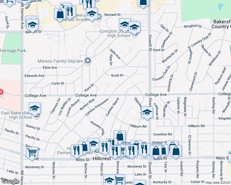map of restaurants, bars, coffee shops, grocery stores, and more near 1801 Camino Primavera in Bakersfield