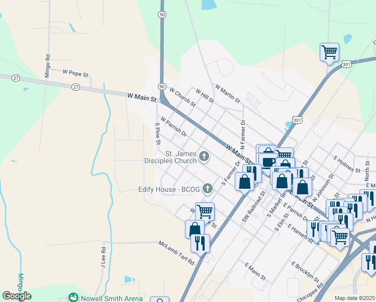 map of restaurants, bars, coffee shops, grocery stores, and more near 304 North Lincoln Street in Benson
