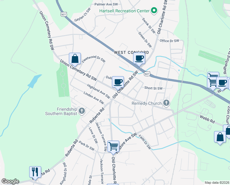 map of restaurants, bars, coffee shops, grocery stores, and more near 874 Old Charlotte Road Southwest in Concord