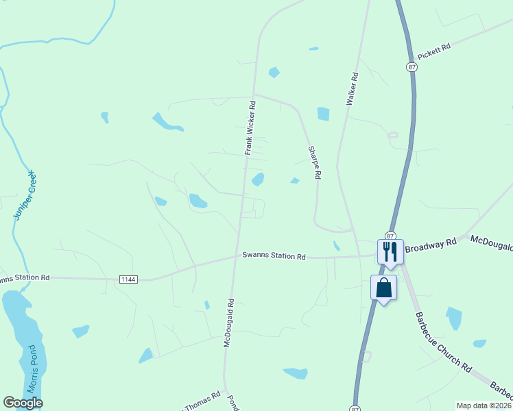 map of restaurants, bars, coffee shops, grocery stores, and more near 1249 Frank Wicker Road in Sanford