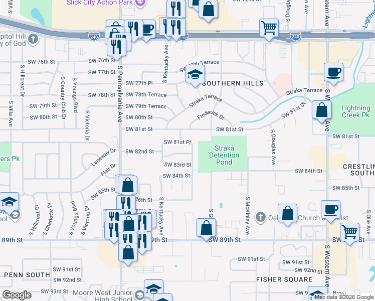 map of restaurants, bars, coffee shops, grocery stores, and more near 8205 Indiana Avenue in Oklahoma City