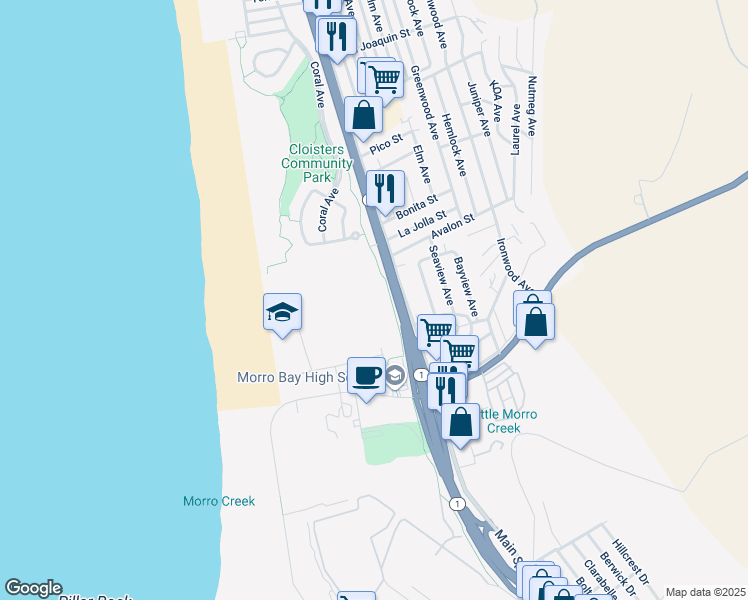 map of restaurants, bars, coffee shops, grocery stores, and more near 235 Atascadero Road in Morro Bay