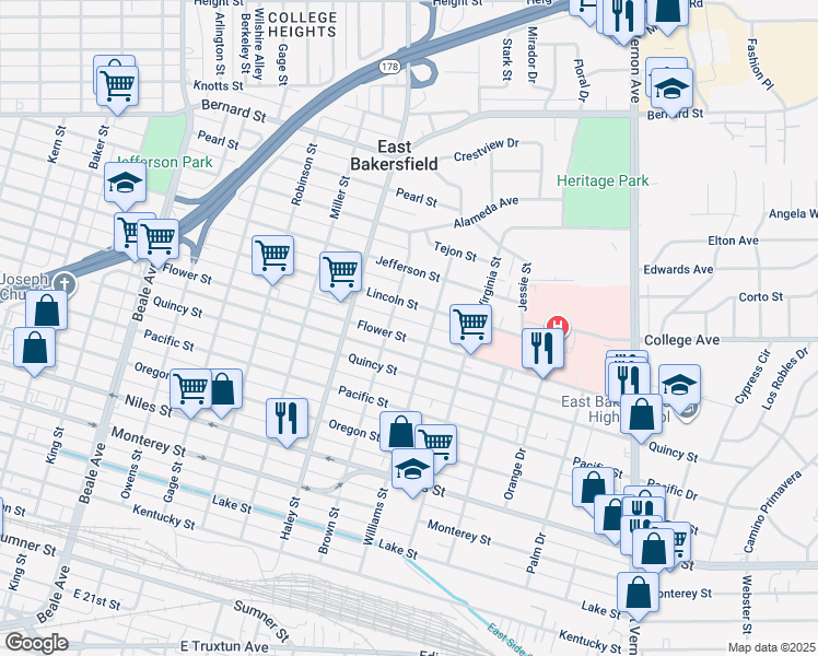 map of restaurants, bars, coffee shops, grocery stores, and more near 1500 Flower Street in Bakersfield